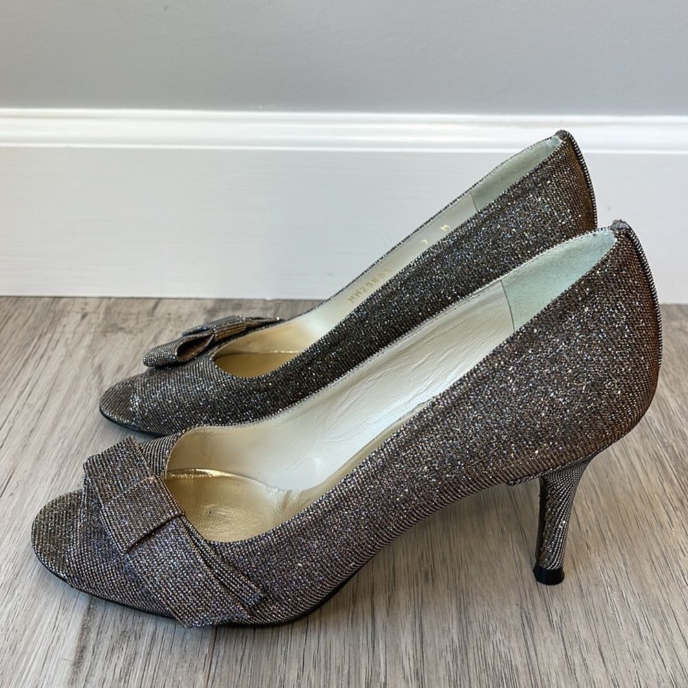 Stuart Weitzman Bow Peep Toe Silver Heels - Worn Once